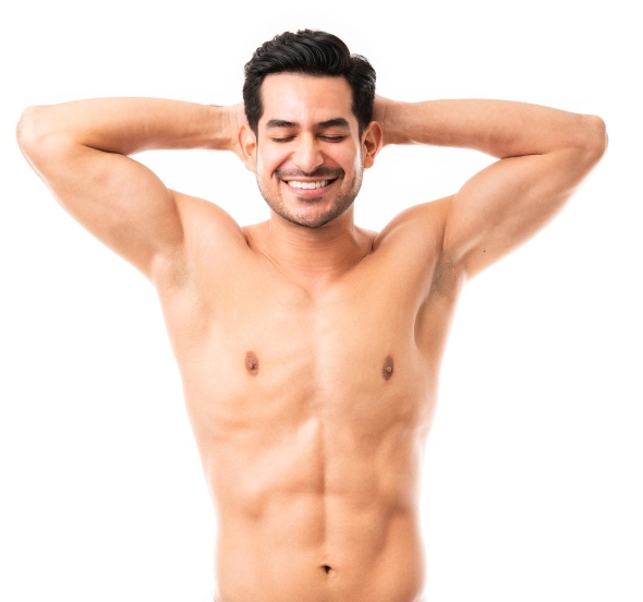 Male chest after laser hair removal showing reduced hair growth and smooth skin