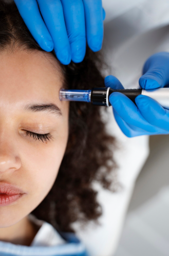 Client receiving professional microneedling facial treatment to improve skin texture and stimulate collagen production