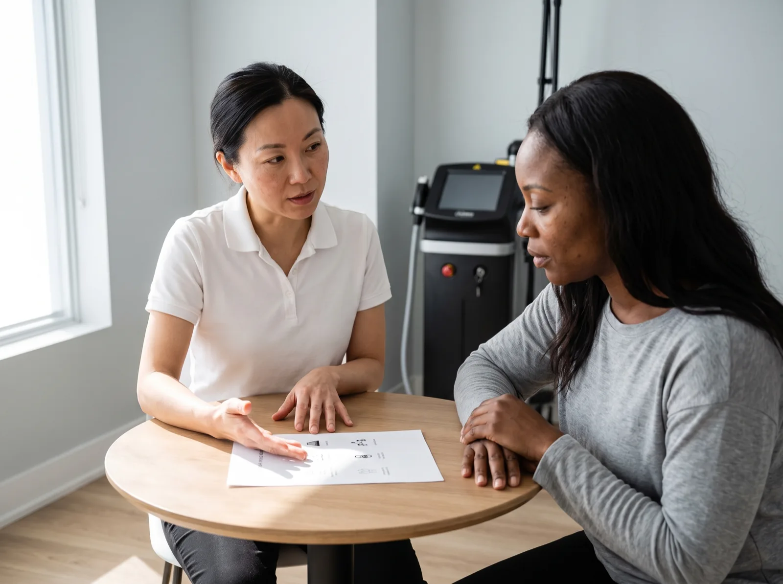 Laser technician explaining treatment areas to a client with deeper skin tone during a consultation in Richmond Hill